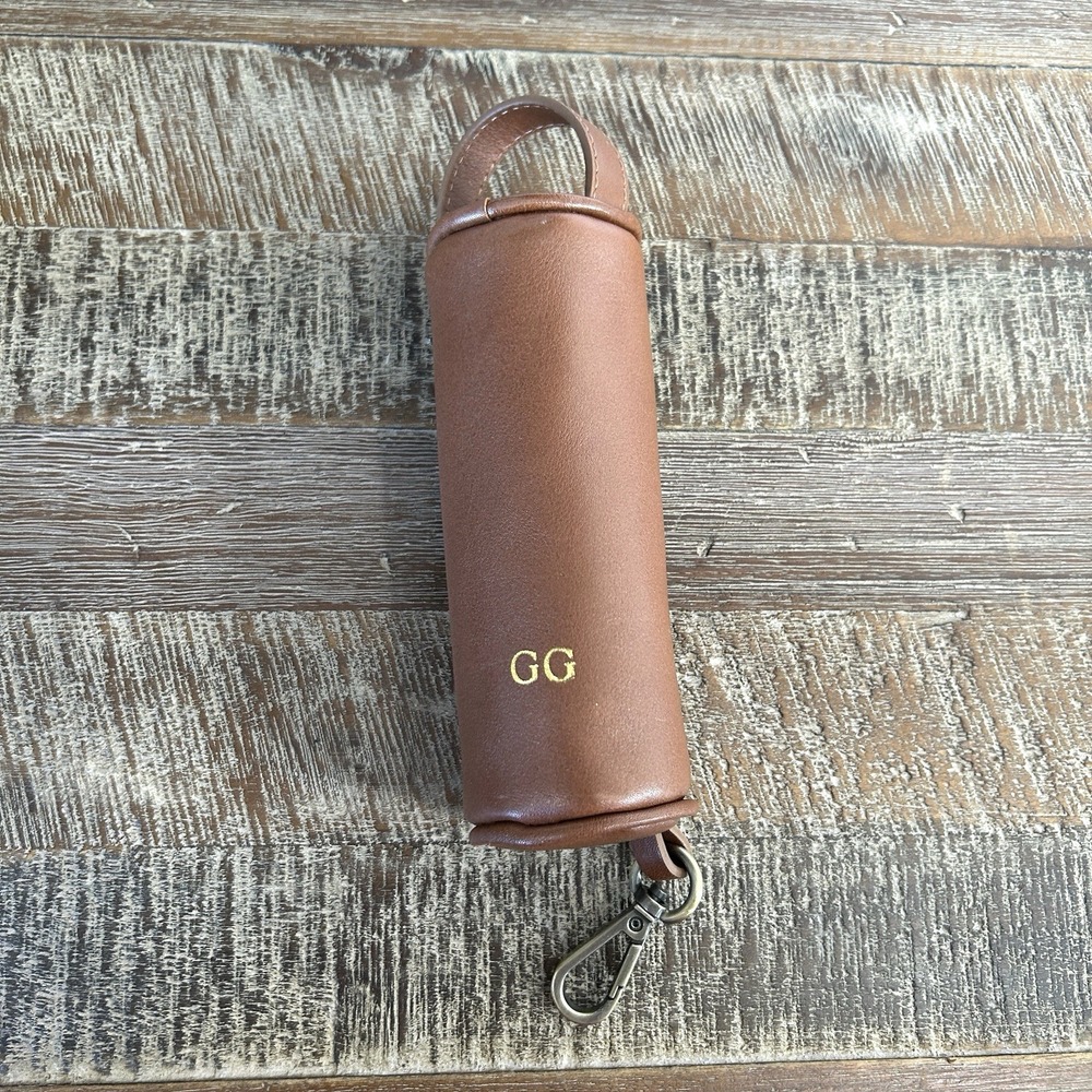Mark & Graham Leather Golf Ball Pouch Holder Bag Monogrammed Zipper Clip Brown